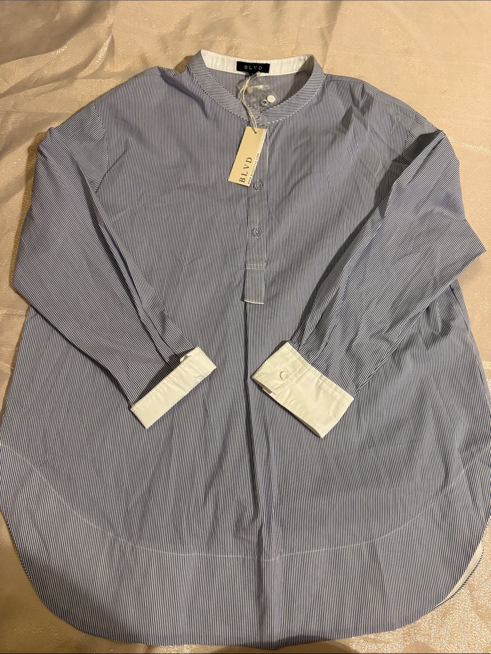 BLVD Blue Pinstripe Grandad-Collar Button-Down Shirt with White Cuffs